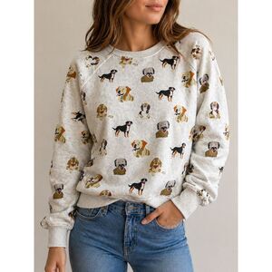 Women's Crew Neck Long Sleeve Shirt L Playful Dogs Soft Cozy Pullover